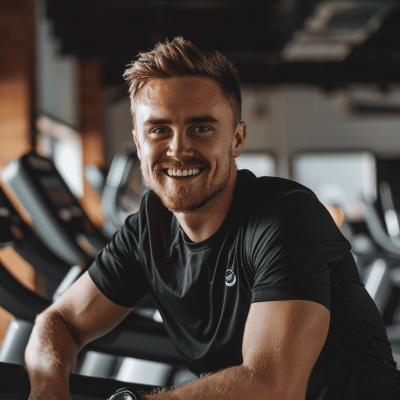 Apie mus. Sportex. Jaunas treneris sporto klube prie treniruoklių.